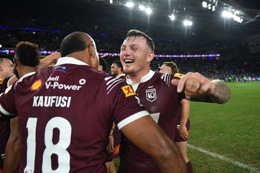 J'maine Hopgood celebrates a victory on debut for the Maroons.
