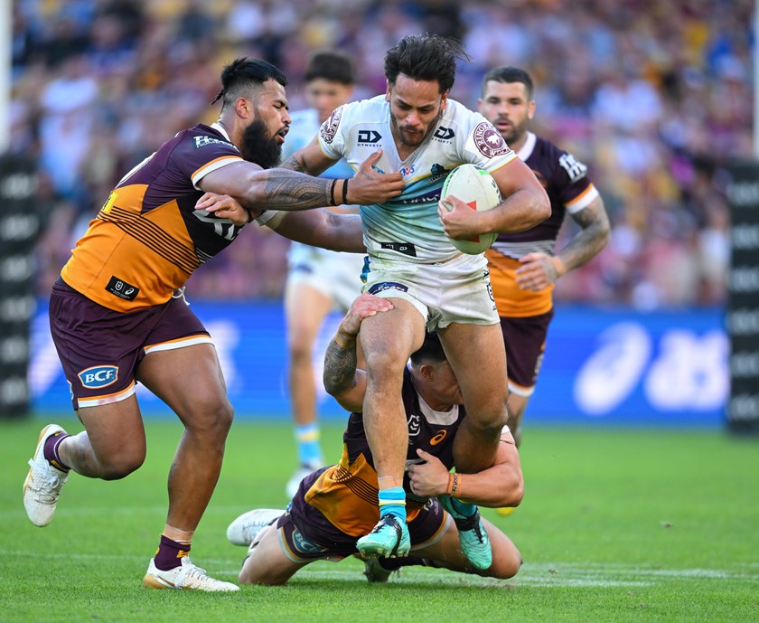 Phil Sami with the ball for the Titans in the win against Brisbane Broncos. 