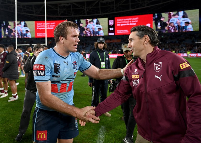 Jake Trbojevic shakes hands with Maroons coach Billy Slater.