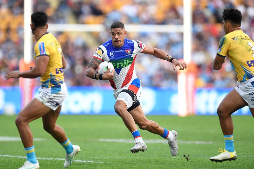 Dane Gagai with the ball for the Knights in the win against the Titans.