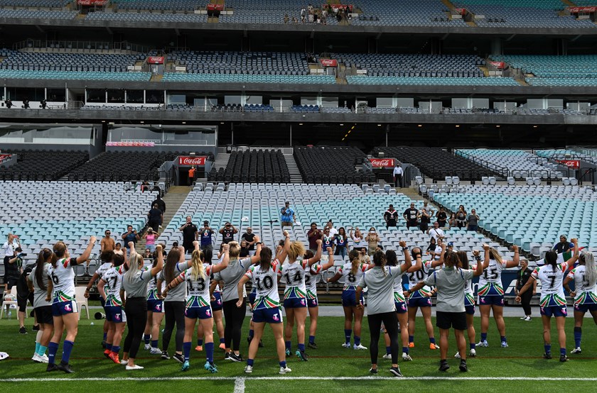 The Warriors perform a haka following their last match in 2020. The side return to the NRLW in 2025. 