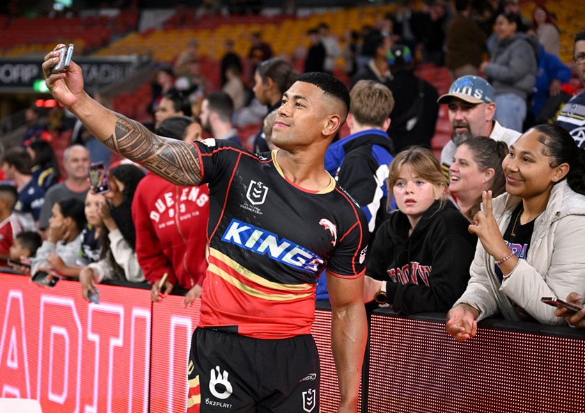 Jamayne Isaako with a fan following the match against the Cowboys.