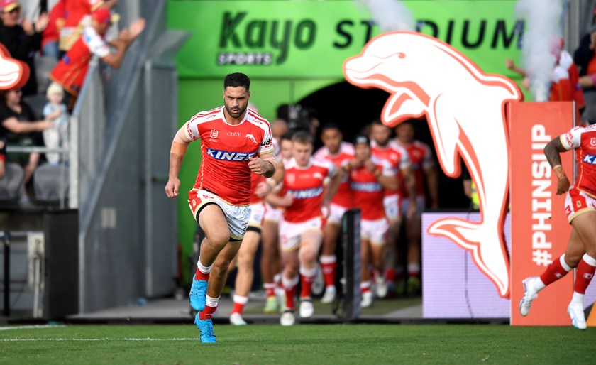 Jesse Bromwich leads out the Dolphins at Kayo Stadium.