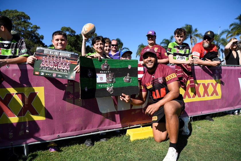 Moe Fotuaika with supporters from his junior club Greenbank Raiders.