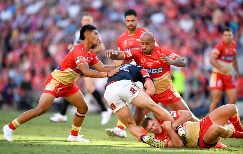 Isaiya Katoa and Felise Kaufusi in action for the Dolphins.