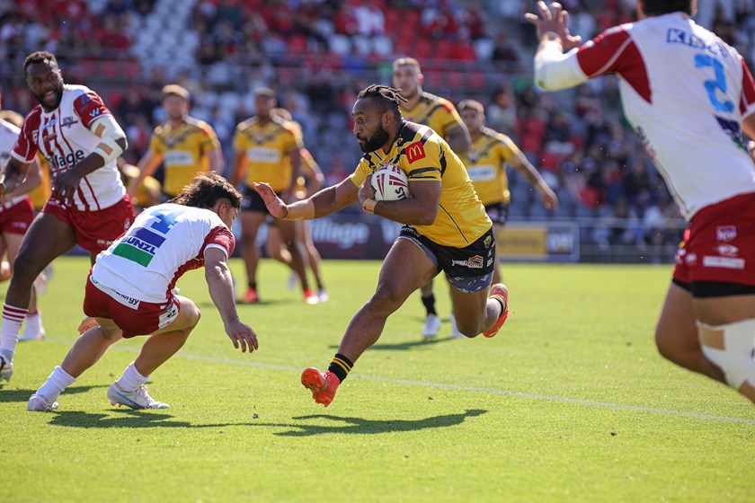 Justin Olam in action for the Sunshine Coast Falcons in their elimination final win against Redcliffe Dolphins in the Hostplus Cup.