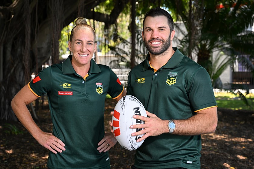 Australian captains Ali Brigginshaw and James Tedesco at a media call. 