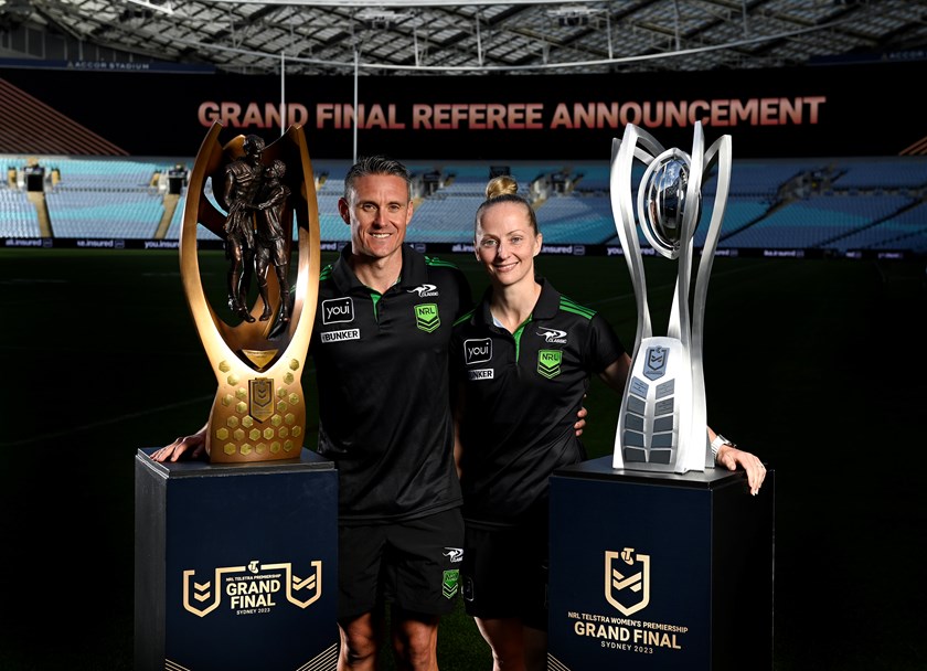 NRL and NRLW grand final referees Adam Gee and Belinda Sharpe.