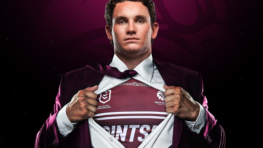 Ethan Bullemor trades his Manly jumper for a suit and tie to work as a financial analyst. *Digitally Altered Image