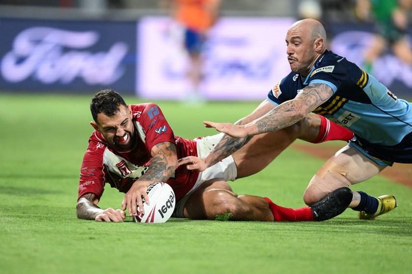 Josh Kerr scores a try for Redcliffe in the 2024 Hostplus Cup grand final.