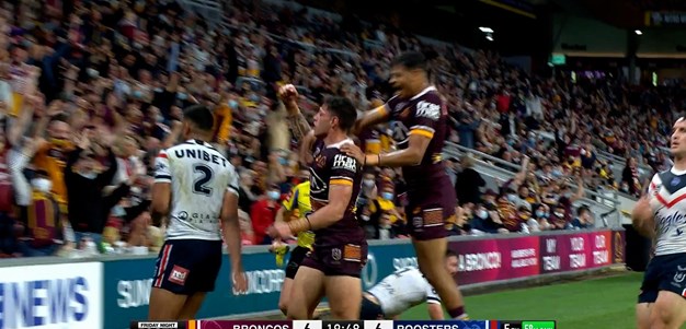 Coates beats Tupou in the air and Riki ends up with a try for Brisbane