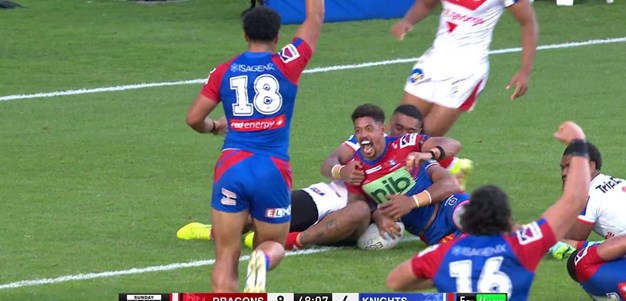 Dane Gagai puts the Knights ahead after entertaining scramble