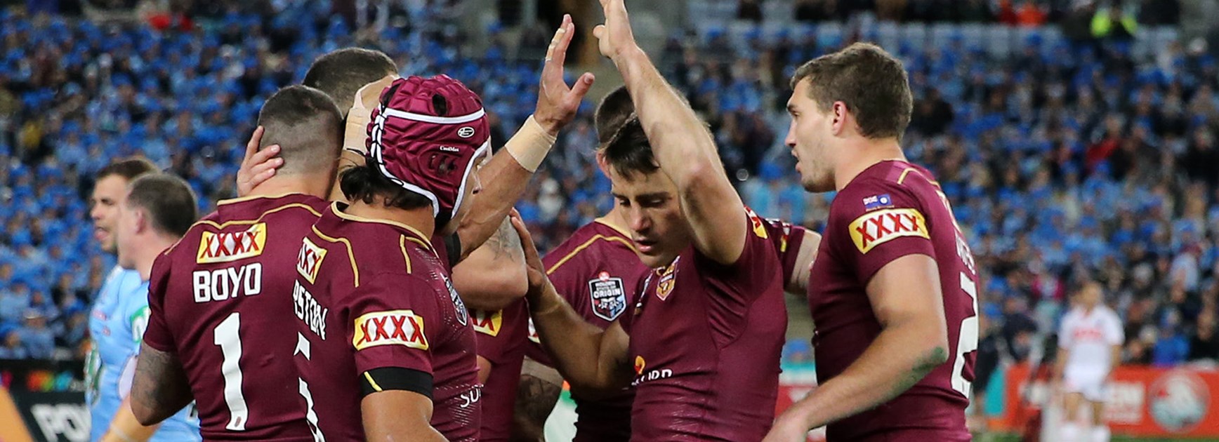 Queensland celebrate a try in Origin III.