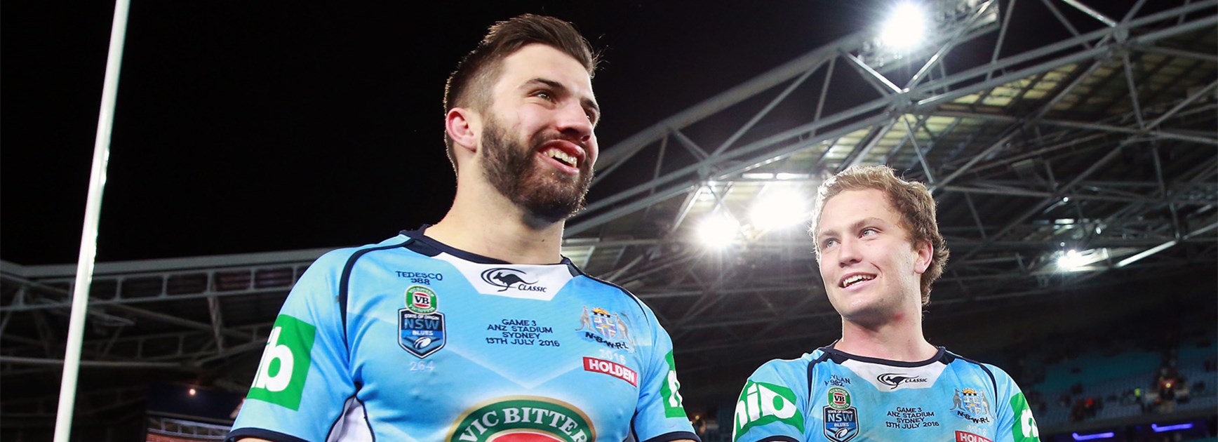 NSW fullback James Tedesco and five-eighth Matt Moylan after the Blues won State of Origin III.