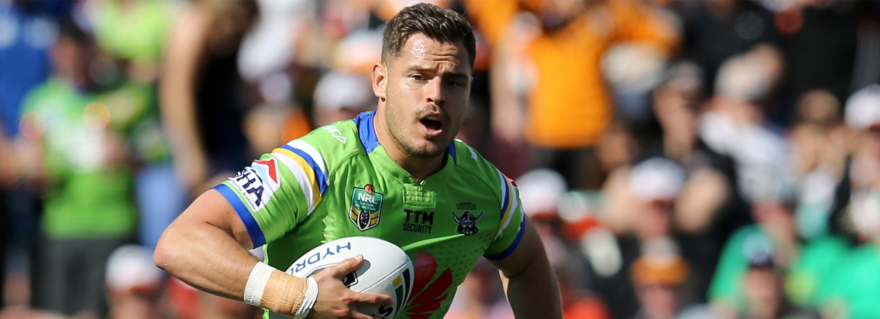 Raiders five-eighth Aidan Sezer in action against the Tigers on Sunday.