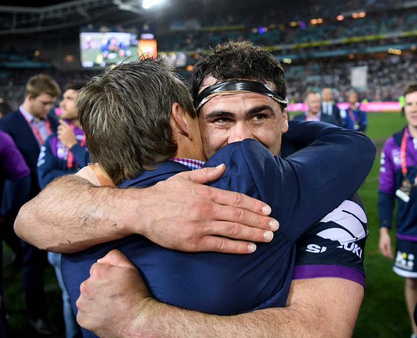 Dale Finucane and Craig Bellamy after the Storm's 2017 premiership triumph.