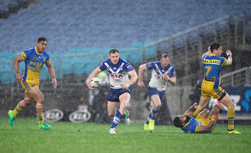 Bulldogs winger Brett Morris looks for open space against Parramatta.