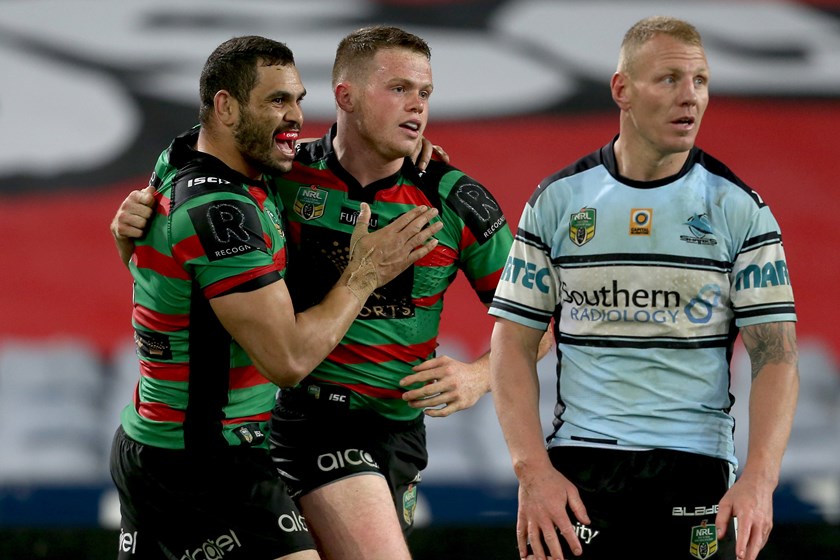 Former Rabbitohs winger Joe Burgess with Greg Inglis.
