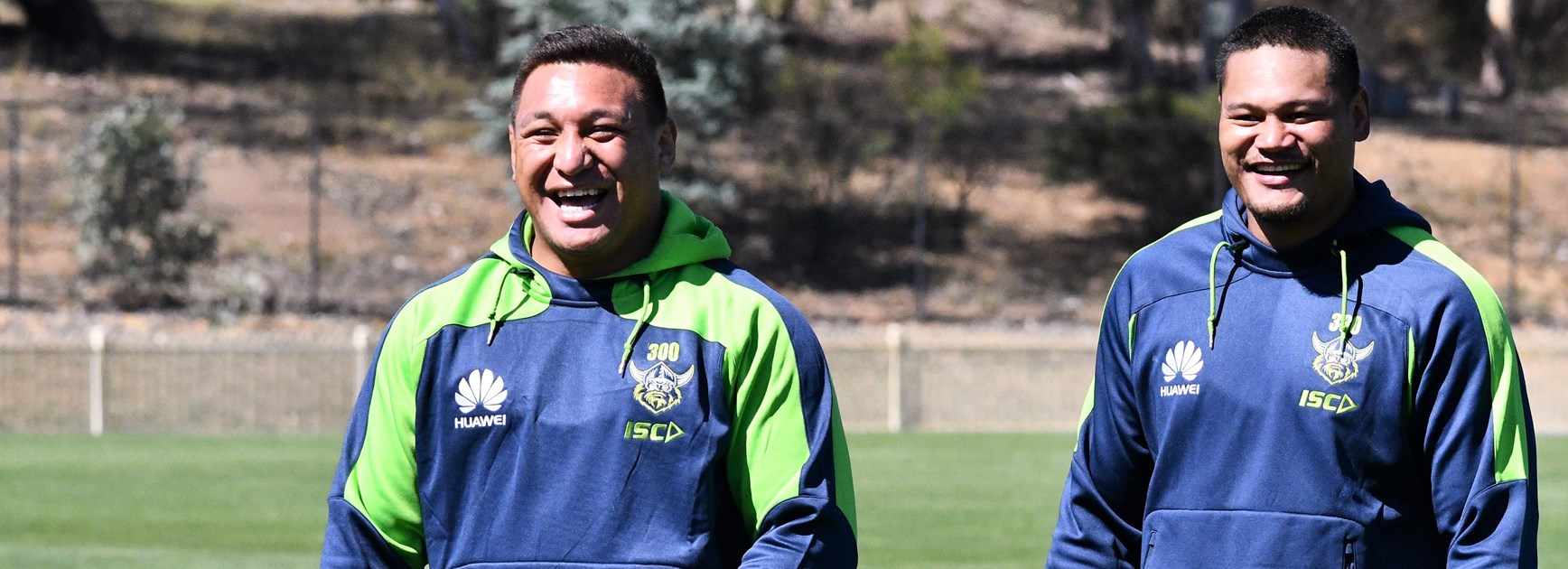 Josh Papalii and Joey Leilua share at pre-season training.