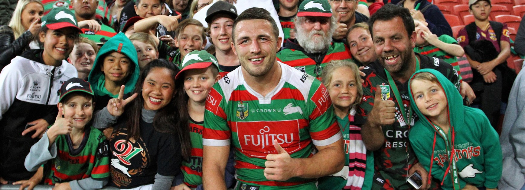 Sam Burgess with Rabbitohs fans.