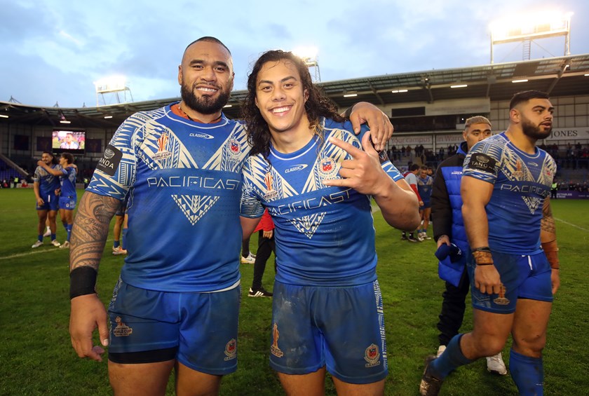 Junior Paulo and Jarome Luai after leading Samoa to victory against Tonga