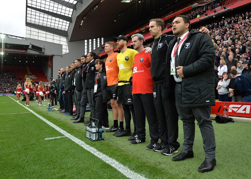 Nadene Conlon sings the New Zealand national anthem with the Kiwis squad.