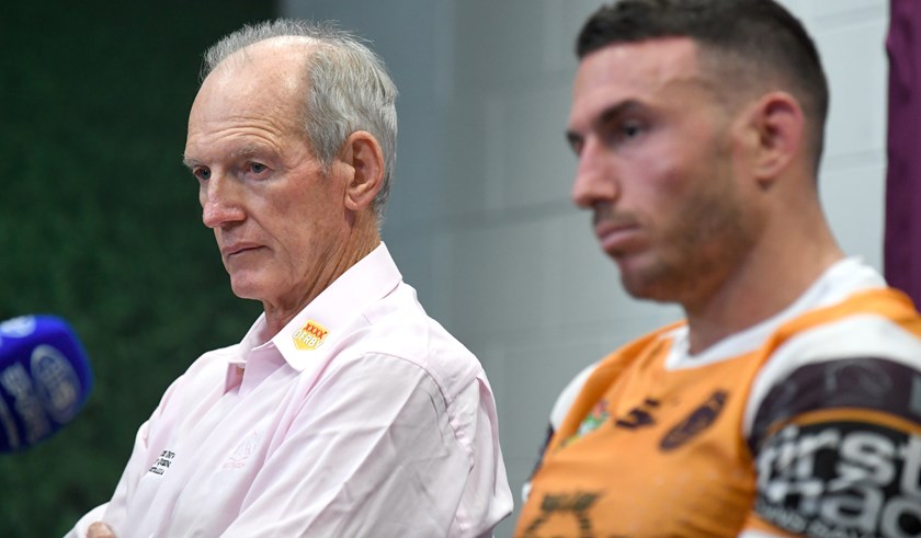 Broncos coach Wayne Bennett with captain Darius Boyd.