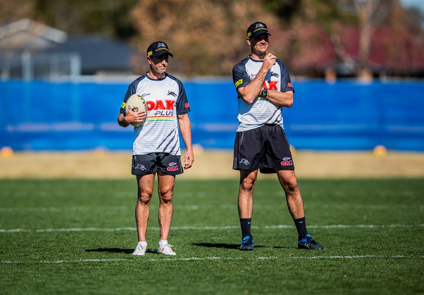 Greg Alexander and Cameron Ciraldo at Penrith training on Thursday.