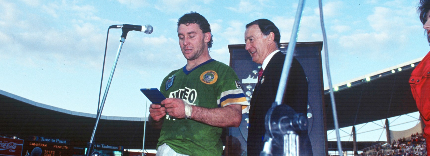 Raiders coach Ricky Stuart in his playing days after helping Canberra beat Penrith in the 1990 grand final.