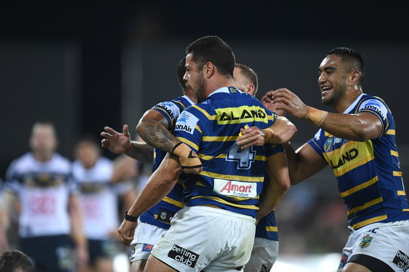 The Eels celebrate a Jarryd Hayne try.