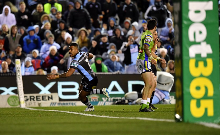 Sione Katoa scores against Canberra.