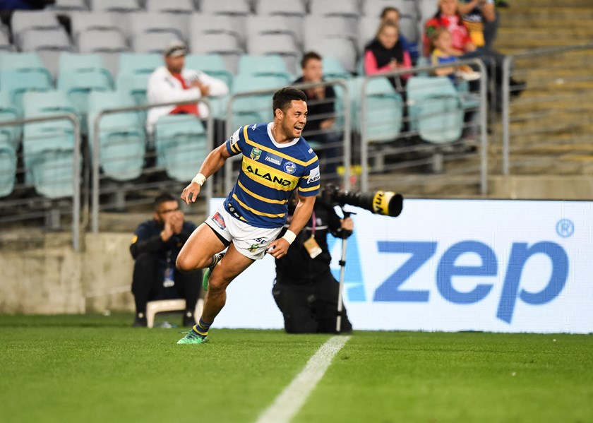 Eels winger Jarryd Hayne celebrates a try.