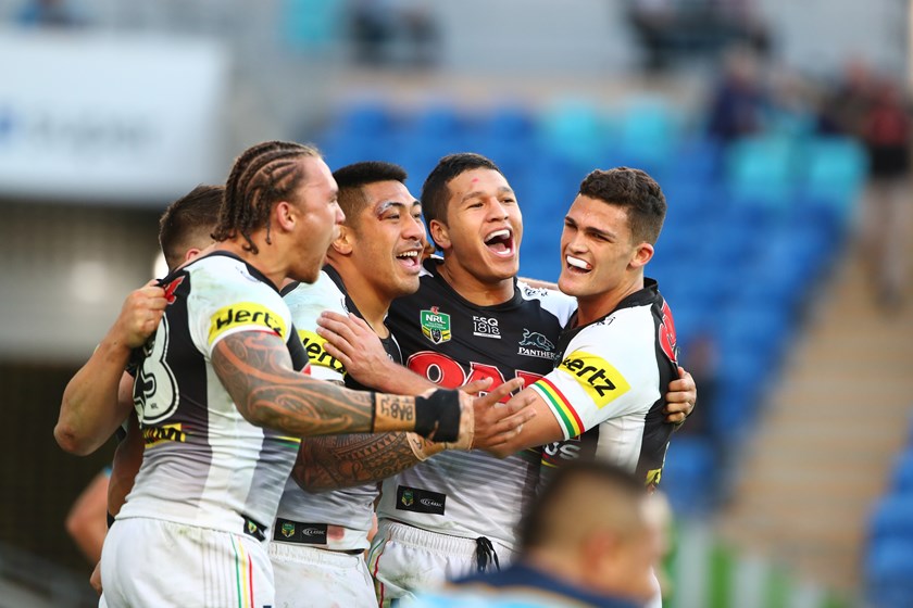 Panthers winger Dallin Watene-Zelezniak celebrates his late try.