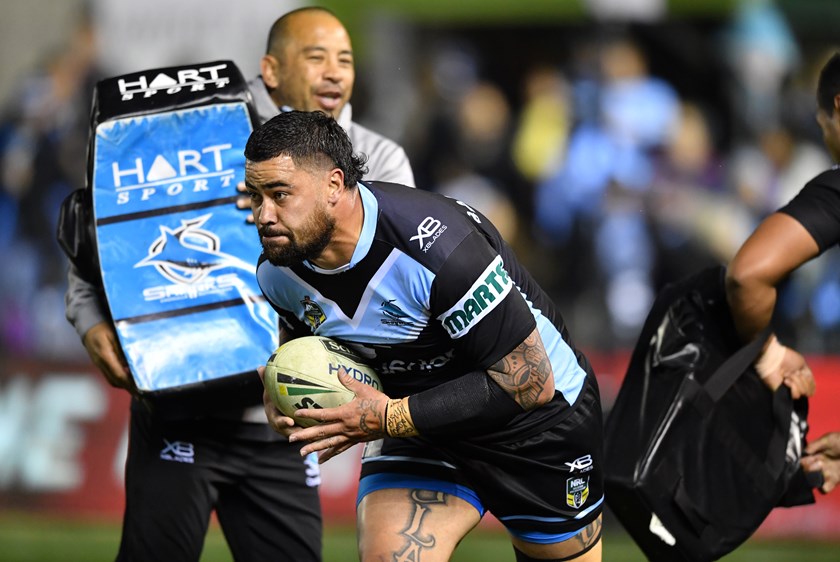 Jim Dymock and Andrew Fifita during the warm-ups before Cronulla's clash with the Cowboys.