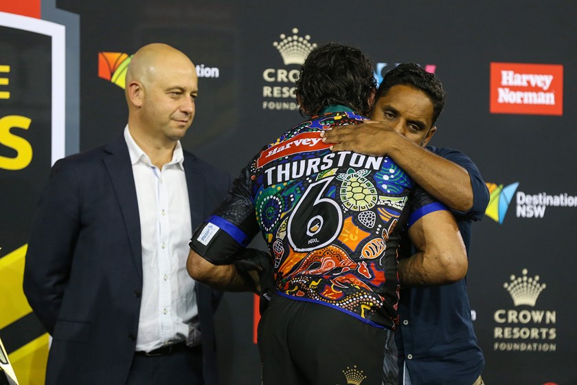 Johnathan Thurston and Preston Campbell at the 2017 NRL All Stars match.