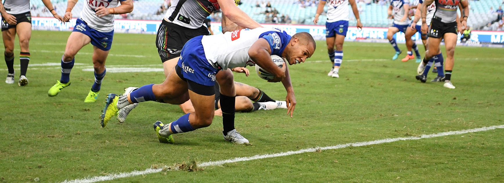 Canterbury-Bankstown Bulldogs fullback Moses Mbye scoring a try. 