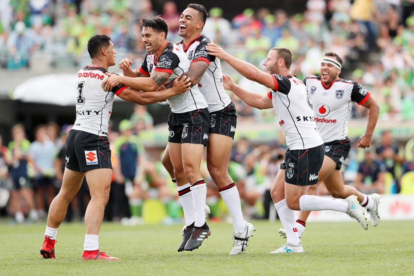 Warriors halfback Shaun Johnson celebrates after kicking a late field goal.