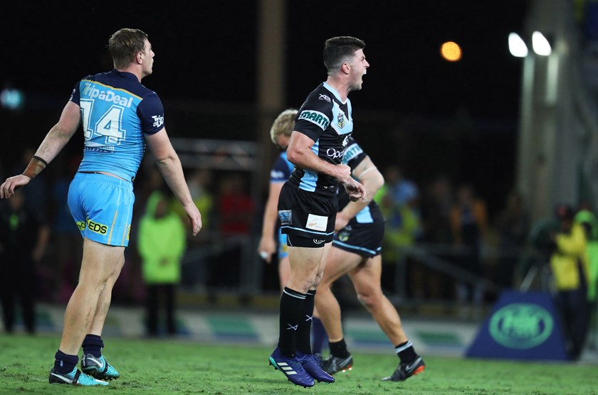 Chad Townsend celebrates the match-winning field goal against the Titans.