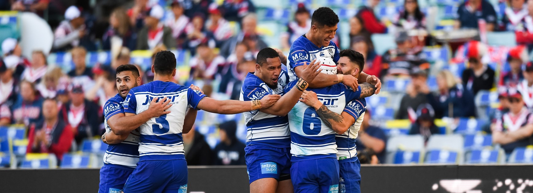 The Bulldogs celebrate a try in the Intrust Super Championship.