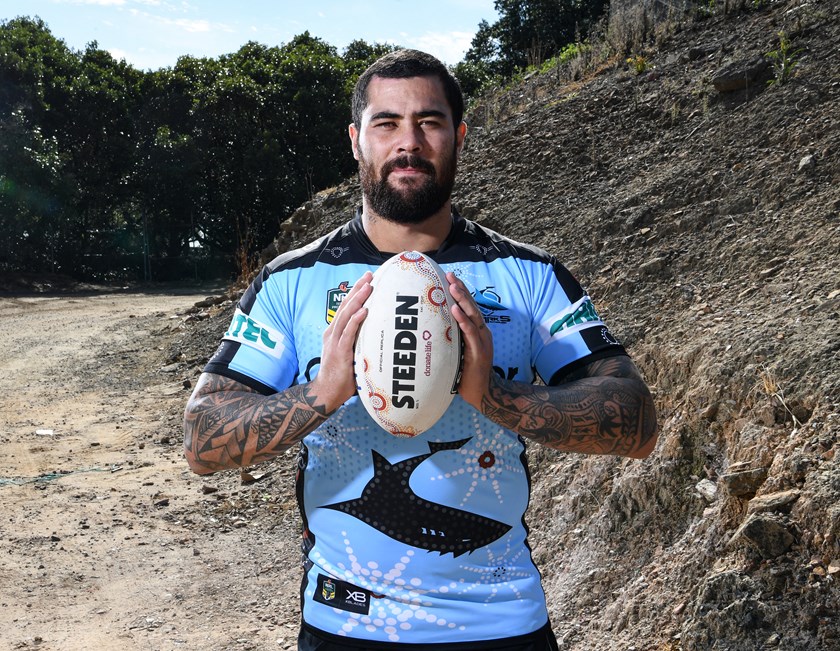 Andrew Fifita models Cronulla's Indigenous Round jersey.