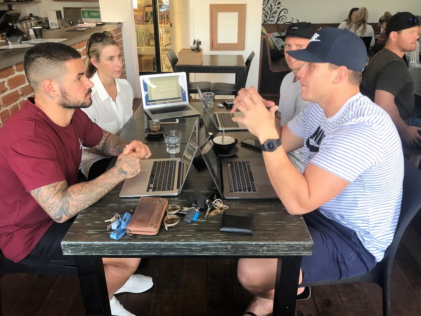 Titans players Nathan Peats, Kane Elgey and Jarrod Wallace with Rebecca Cook from the Elite Athletic Business School.