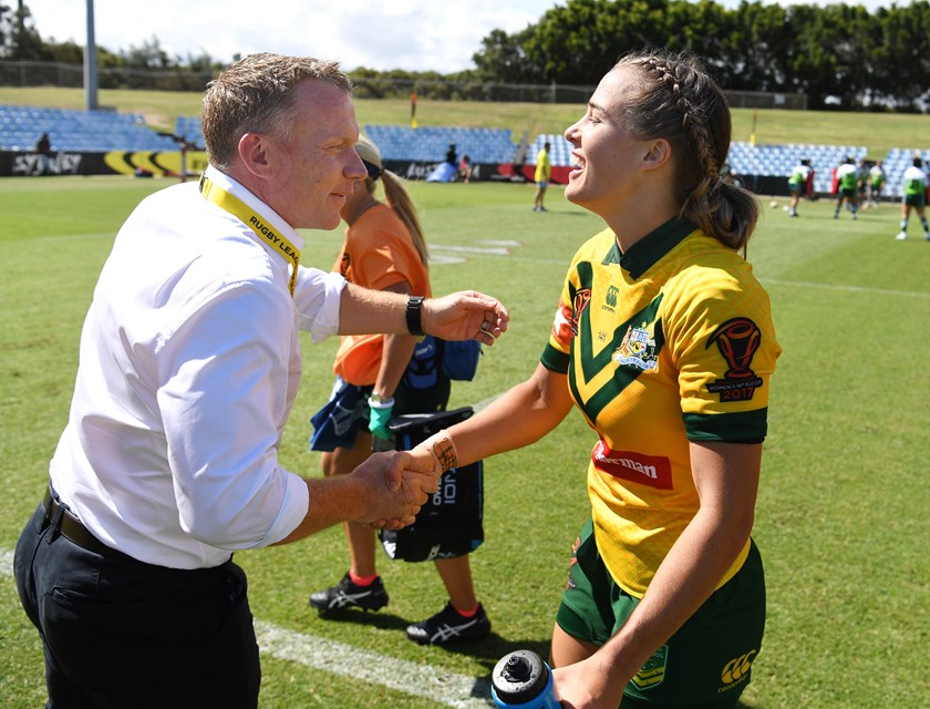 Jillaroos coach Brad Donald and Isabelle Kelly.