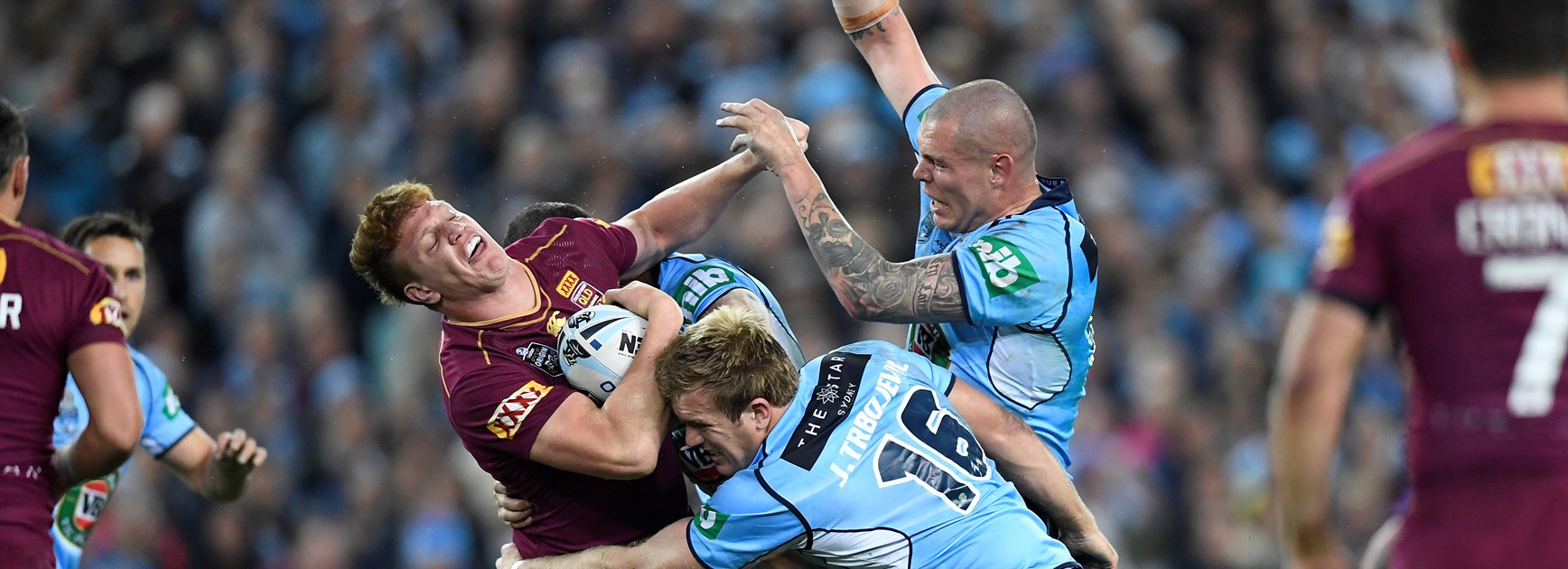 Dylan Napa and David Klemmer collide in a State of Origin match.