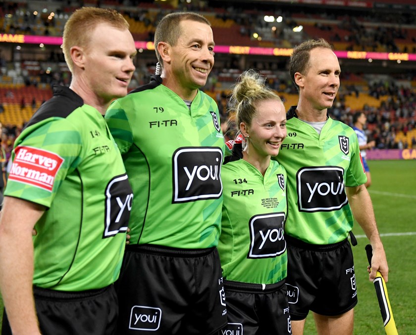 Head referee Ben Cummins and assistant Belinda Sharpe (centre) with touch judges Todd Smith and Michael Wise