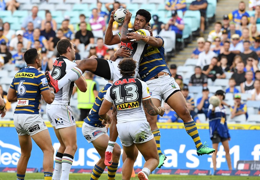 Waqa Blake outleaps the Eels in 2018.