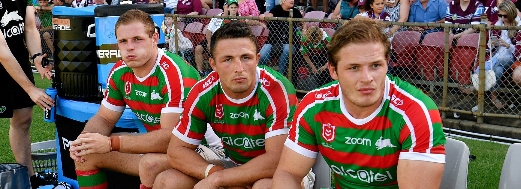 Tom, Sam and George Burgess on the Rabbitohs bench.