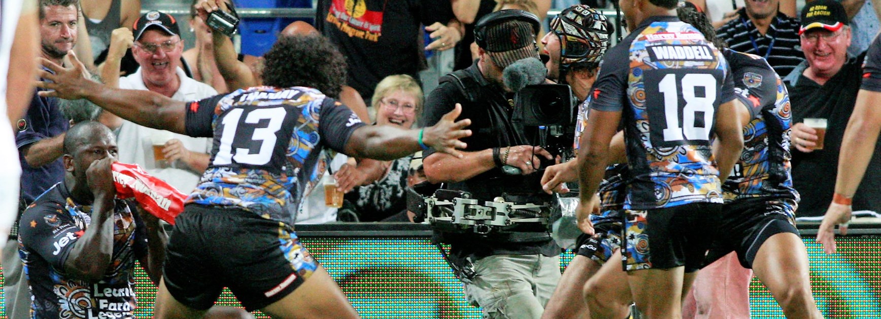 Wendell Sailor celebrates a try in the 2010 All Stars game.