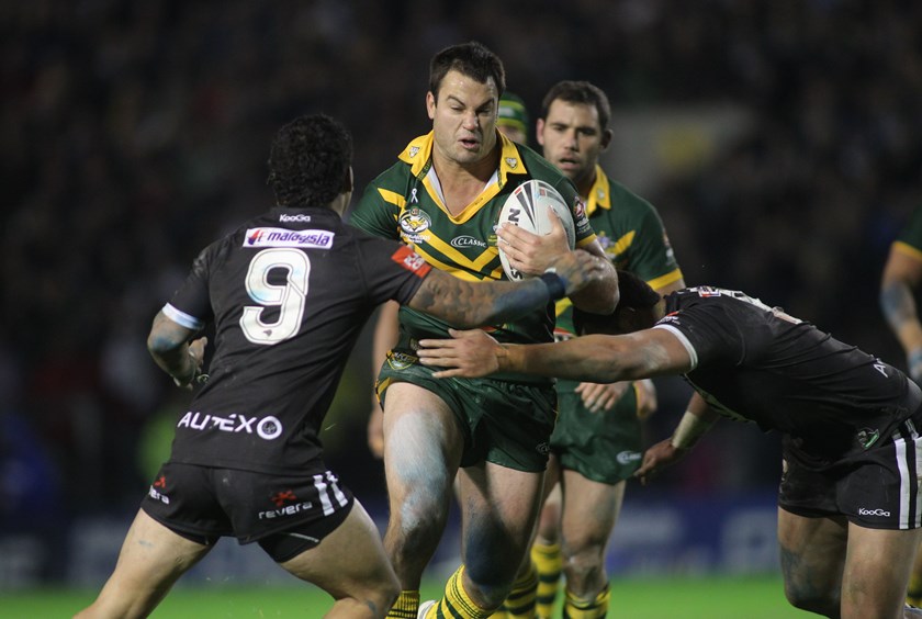 David Shillington carts it up as Issac Luke moves in for the Kiwis.