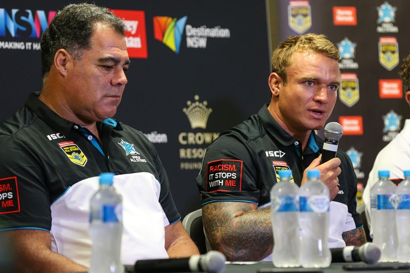 Kangaroos coach Mal Meninga with Jake Friend in 2017.