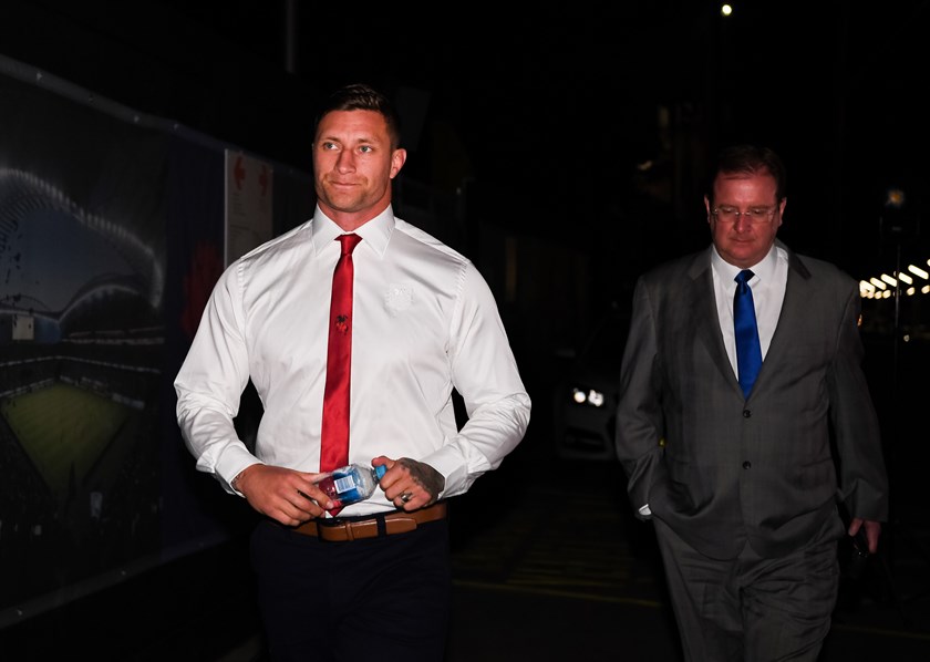 Tariq Sims arrives at the NRL judiciary on Tuesday night.